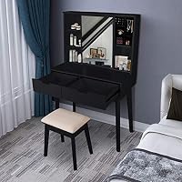 Vanity Set with Moving Mirror & Cushioned Stool Dressing Table Vanity Makeup Table, 2 Sliding Drawers,5 Storage Shelves, Jewelry Armoire Makeup Organizer Vanity Desk (Black)
