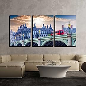 3 Piece Canvas Wall Art - Red doubledecker Bus on Westminster Bridge. - Modern Home Art Stretched and Framed Ready to Hang - 16"x24"x3 Panels