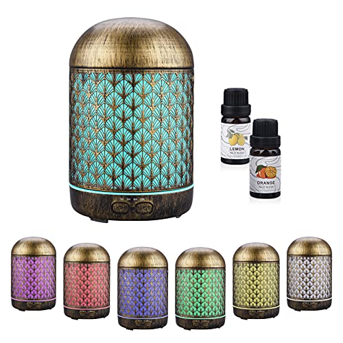 JVJH 300ml Aroma Diffuser, Metall Aromatherapie Diffusor mit 2 x10ml Ätherische Öle Set,Raumbefeuchter Elektrisch Duftlampe,7 Farbe Licht Vintage Diffusor für Home &Office