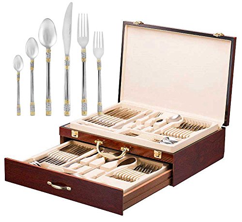18/10 Flatware Service for 12-75 Piece Stainless Steel Set Polished Cutlery with Gold Accents 3 Piece Hostess Serving Ensemble in a Glossy Red Wooden Silverware Box