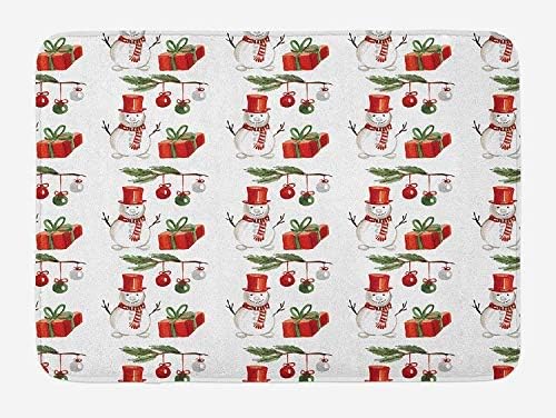 PdGAmats Christmas Bath Mat, Watercolor Style Holly Jolly Xmas Motif with Snowmnan and Gift Boxes Art Picture 23.6 W X 15.7 W Inches