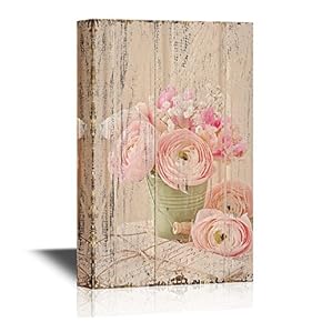 Canvas Wall Art - Pink Ranunculus Flowers and Letters on Vintage Style Wood Background - Gallery Wrap Modern Home Art | Ready to Hang - 12x18 inches