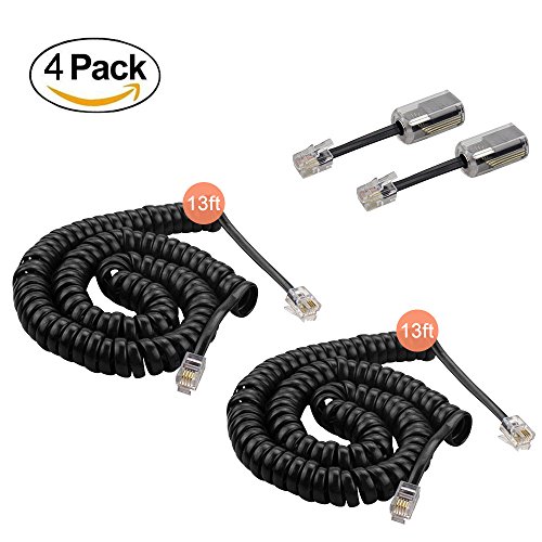 SINCODA 2 Pack 13 Ft Uncoiled Modular Coiled Telephone Phone Handset Curly Cable Cord +2 Pack 360° Telephone Cord Detangler Extended Rotating
