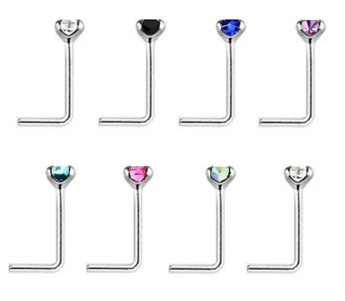 Tiny 1.2mm Mixed Colour Crystals Pack of 8, L Shape Nose Studs Sterling Silver Thin 0.6mm Bar