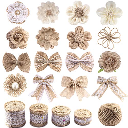 Forise Natural Burlap Ribbon Flowers Set,Include 16pcs Handmade Rustic Burlap Flowers,Different Sizes of Lace Burlap Ribbon Roll and Twine Ribbon for Wedding Home Craft Embellishment,21pcs