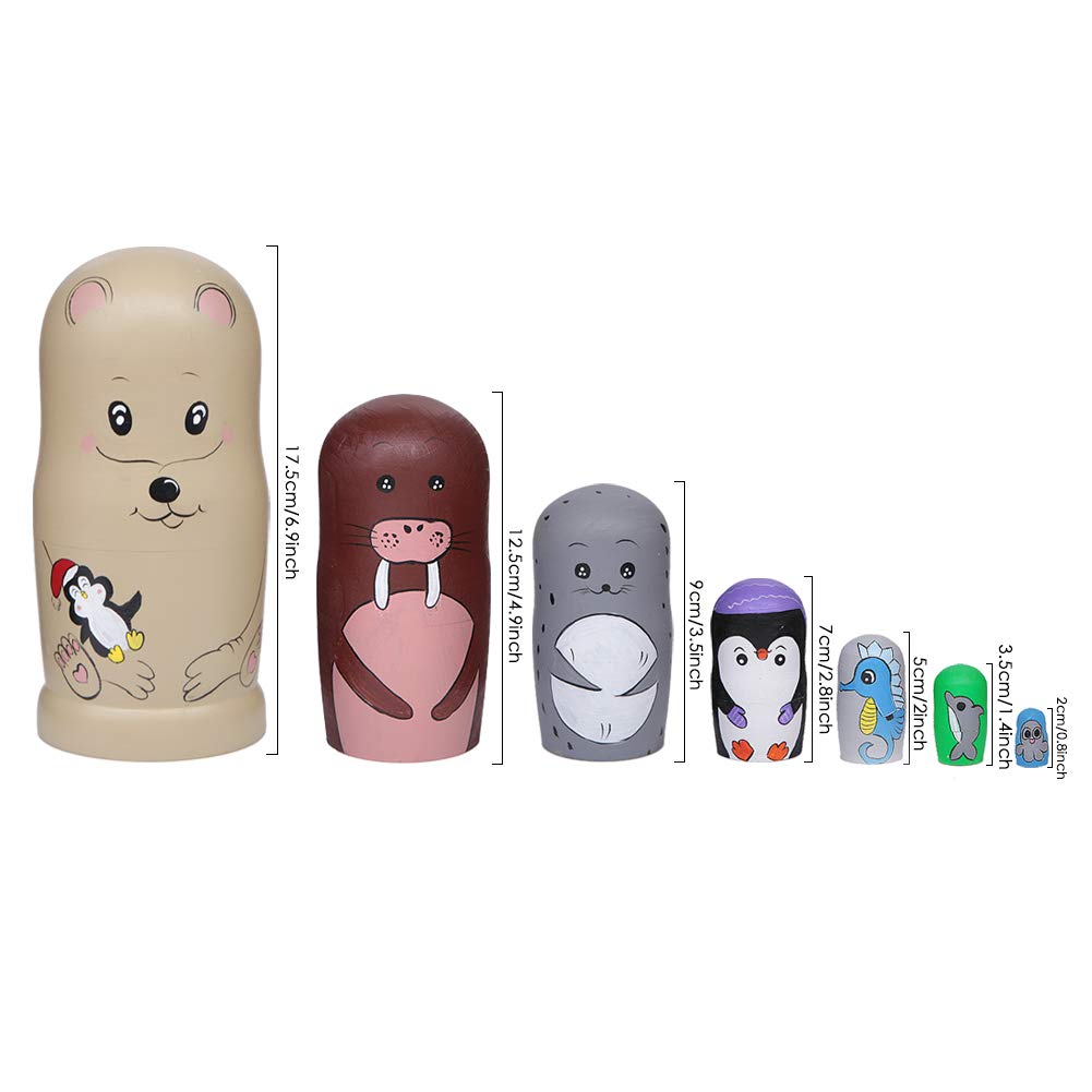 Winterworm 7 Pcs Ocean Animal Themed Nesting Dolls Cartoon Walrus Seal Penguin Sea Horse Dolphin Octopus Matryoshka Russian Dolls for Kids Toy Birthday Christmas New Year Gift Home Decoration