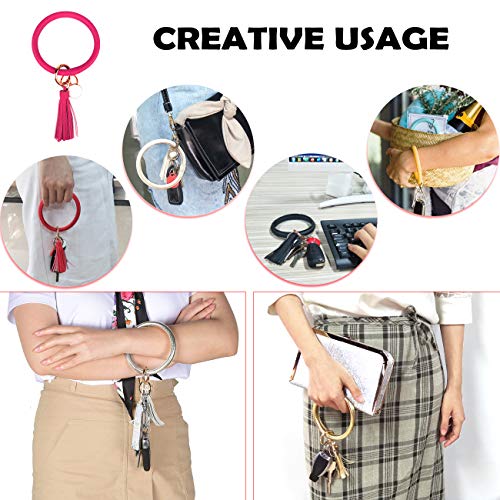 Leather Bracelet Key Ring Bangle Keyring, Tassel Ring Circle Key Ring Keychain Wristlet for Women Girls - Free Your Hands (Rose Red)