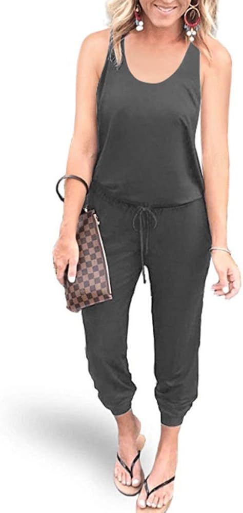 REORIA Women Summer Casual Sleeveless Tank Top Elastic Waist Loose Jumpsuit Rompers with Pockets