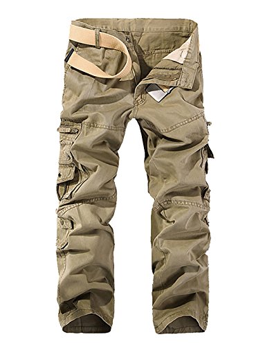 MAGE MALE Men's Cargo Combat Work Trousers Outdoor Military Army Loose Fit  Pants with Pocket Cotton Khaki 34