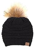 FUNKY JUNQUE's CC Solid Ribbed Beanie with Faux Fur Pom - Winter Hat - Skull Cap