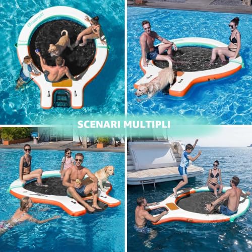 Sunchill Inflatable Floating Platform 240 cm for 3-5 People with Dog Ramp, Inflatable Island Round with Removable Ladder, Cup Holder, Air Pump and Bag for Pool, Lake and Sea