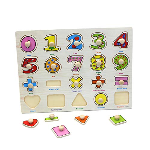 Kids Toddler Puzzles Wooden Peg Puzzles - 3 Piece Puzzle Set - Alphabet, Numbers and Shapes Toy - Perfect pegged Puzzles for Kid Learning Letters, Number, Shape Board Puzzles for Toddler Ages 3+