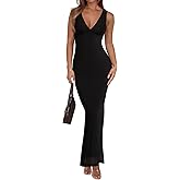 REORIA Women's Summer V Neck Sleeveless Wedding Guest Maxi Dress Sexy Mesh Bodycon Long Dresses