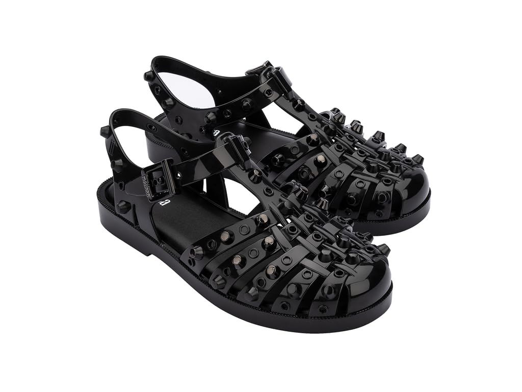 Melissa Possession Jelly Sandals for Women - The Original Jelly Shoes, Fisherman's Sandals with Adjustable Strap and Side Buckle, Studs, Black/Dark Grey, 8 Image