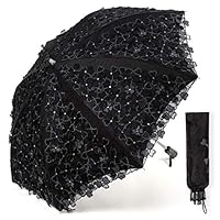 LLSDLS Folding Travel Umbrella Lace Parasol Compact Sun Umbrellas Windproof Double Layer Sunblock UV Protection with Black Anti-UV Coating (Color : Black)