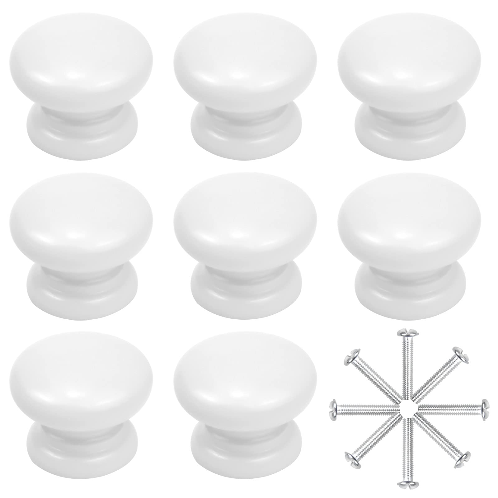Changrongsheng 8 Pcs White Door Knobs Wooden Drawer Round Cabinet Cupboard Single Hole Pulls Children's Bedroom Furniture with Screws for Dresser Wardrobe, 33x25 mm