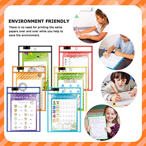 6 Pack Dry Erase Pockets, Dry Erase Sleeves Kids Ages 4-8-12 Assorted Color Oversized 10X14 inch Paper Great for Teachers, School, Home & Office.