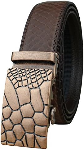Bullko Men's Sliding Buckle Ratchet Leather Fish-Scale Patterns Belt Bronze Buckle Coffee Leather Up to 36inch