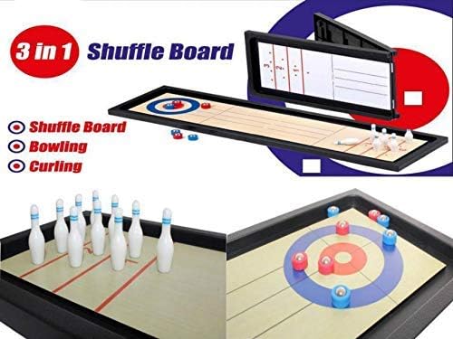 GadgetZone® Portable Tabletop 3 In 1 Traditional Family Fun Sports Games Compendium Shuffle board Game Mini Ten Pin Bowling Curling Travel Games