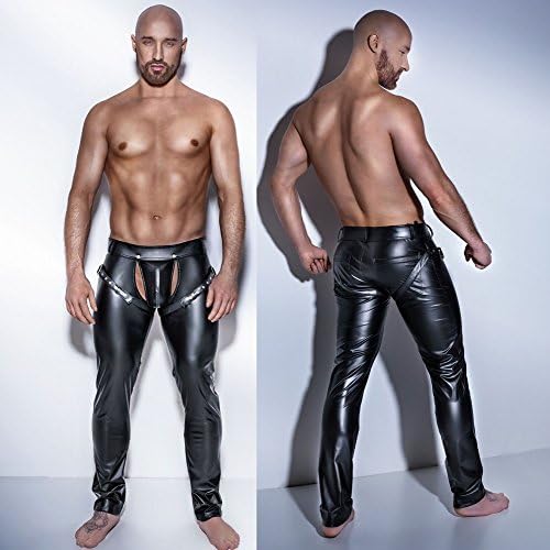 Western Style Men Love Underwear Pants, Nightclub Stage Performance Patent Leather Long Pants,Black,L