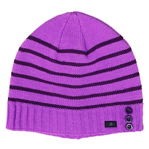 Womens Purple Stripe Button Beanie Hat Knit Active Stocking Cap