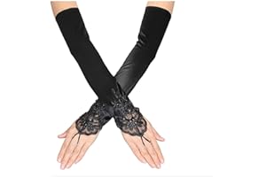 SUNTRADE Women's Lace Satin Bridal Party Fingerless Gloves Sequins Elegant Long Arm Sleeves