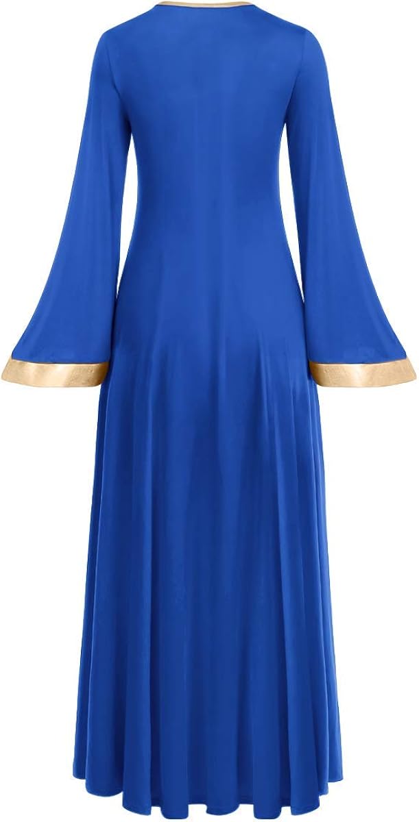 Women Gold Metallic Bell Long Sleeve Praise Dance Dress with Waistband Liturgical Dancewear Church Robe Worship Costume: Clothing