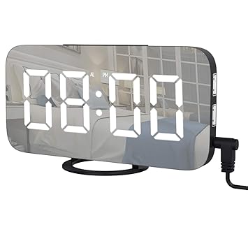 AOGUERBE Digitale Wecker, Tischuhren Alarm Clock LED Spiegel Tischuhr Uhr Alarm mit Kabel, USB-Anschluss, 12/24H Anzeige, Sno
