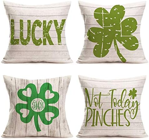 Royalours Pillow Covers St. Patrick's Day Green Clover Decorative Cotton Linen Spring Green Leaves Decor Throw Pillow Case Cushion Cover 18" x 18" Set of 4 Not Today Pinches, Lucky (4Green Clover)