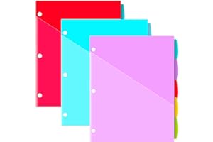 JISUSU 5-Tab Plastic Binder Dividers with Two Pockets - 3 Sets, 15 pcs Multicolor Pocket dividers with 3 Holes for 3 Ring Binders, Bividers with Tabs for School,Office and Home