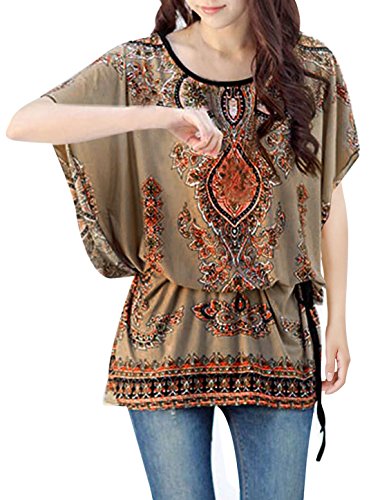 Allegra K Pullover Style Detachable Belt Summer Tunic Shirt for Ladies Beige L