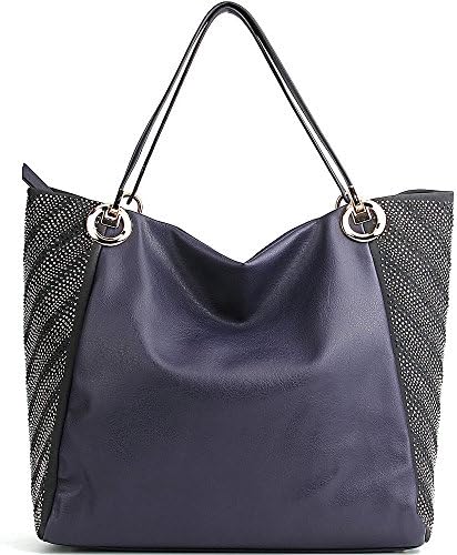 WISHESGEM Women Tote Shoulder Bags Top-Handle PU Leather Handbags Fashion Bling Bags [Large] Blue