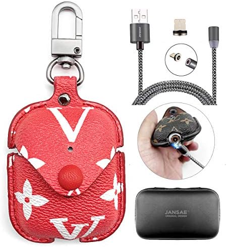 Airpods Case with Keychain Clip and Magnetic Charging Cable, Jansae Original Design Cute Leather Airpod Cover Accessories Kits Compatible Apple Airpods 1/2 Wireless Charging Case (Red Flower+Cable)