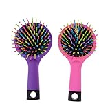 Pack of 2 Rainbow Volume Brushes Detangling Hair Brushes Hair Curl Straight Magic Combs with Mirror (Pink & Purple)