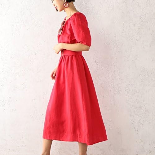 Amazon チーク Cheek 麻混袖バルーンワンピース Red M ワンピース チュニック 通販