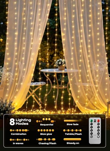 GCMacau 3 x 3 m 300 LED Christmas Light Curtain, String Lights 8 Modes Dimmable with Remote Control, Indoor Light Curtain, Garden, Christmas, Valentine's Day, Wedding, Christmas