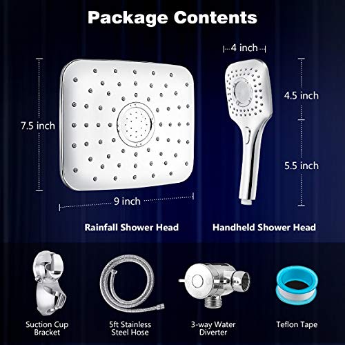 Shower Head Combo, Baban Adjustable High Pressure Rainfall Showerhead & 3 Settings Handheld Shower Head Combo with Strong Suction Cup Holder, 3-Way Water Diverter, 1.5M Hose, Chrome Plated ABS Plastic