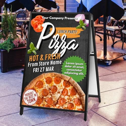 A Frame Sign Double-Sided, Folding Sandwich Board, Heavy Duty Slide-in Sidewalk Signboard, Metal Pavement sign(Frame only)), Black 60 * 90 * 105Cm