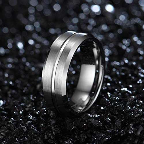 Zoesky 8mm Mens Tungsten Ring Wedding Band Polished Brushed Finish Grooved Center Comfort Fit Silver