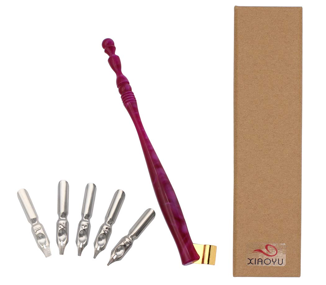 Xiaoyu Calligraphy Oblique Nib Pen Holder, English Calligraphy Pen Nib Holder, Resin Dip Pen Handle Nib Holder with 5 Flat Nibs, Pruple and Red
