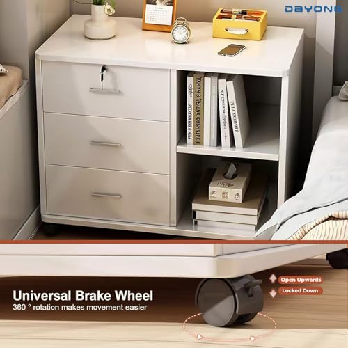 DAYONG Wooden Bedside Table, Modern Nightstand with 3 Drawers & Storage Shelves, Night Stands End Side Table for Bedroom Office, Dorm, Living Room, 60 x 34 x 59 cm (White)