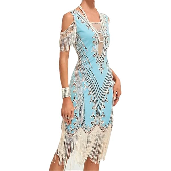 Amazon.com: Women 1920S Flapper Dress Sequin Tassel Party Dress Pullover  V-Neck Knee-Length Dress Light Blue L : Clothing, Shoes & Jewelry