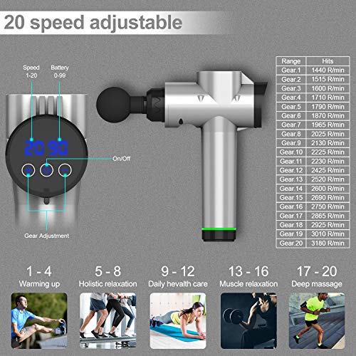 Massage Gun, Upgraded 20 Adjustable Speed Deep Tissue Percussion Muscle Rechargeable Massager - with 6 Massage Heads and Portable Bag for Deep Handheld Muscle Tissue Electric Body Massage, Silver
