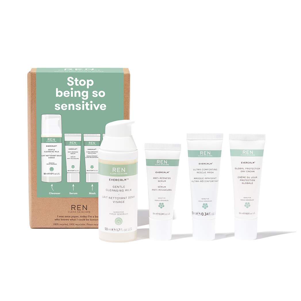REN Clean Skincare Stop Being So Sensitive Evercalm Value 3-Piece Set ($50 Value) - Includes Gentle Cleansing Milk, Global Protection Day Cream, Anti-Redness Serum & Ultra Comforting Rescue Mask