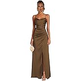 Spaghetti Strap Mermaid Bridesmaid Dresses with Slit Brown Satin Prom Dress for Women Long Pleated Corset Evening Party Gown Size4