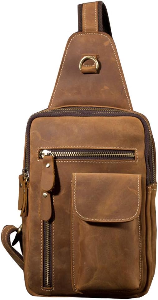 vintage Men's real Leather chest bag Business Casual Outdoor Sling Bag (Style 24 - Brown)
