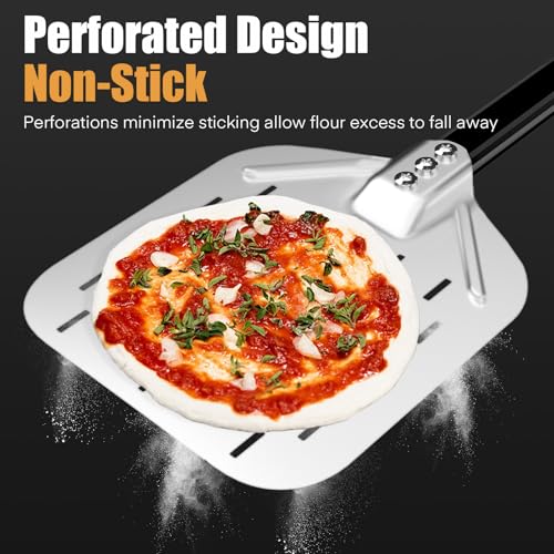 4 Piece Pizza Set - Perforated Pizza Peels 30 cm + 9 Inch Round Aluminium Pizza Peel + Professional Pizza Cutter + Cleaning Brush for Pizza Oven Made of Palm Fibre Bristles