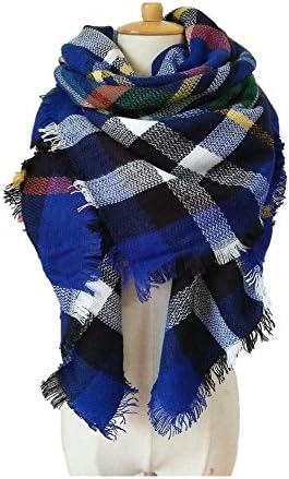 NLOKER Women's Plaid Blanket Winter Scarf Warm Cozy Tartan Wrap Oversized Shawl Cape (Royal Blue)