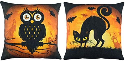 Elyhome 2 Pack 18x18 Halloween Decorative Square Cushion Throw Pillow Covers Black Cat and Owl
