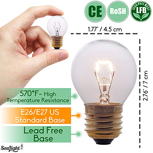 Oven Light Bulbs - 40 Watt Appliance Replacement Bulbs for Oven, Stove, Refrigerator, Microwave. Incandescent - High Temp G45 E26/E27 Socket. Medium Brass Lead-Free Base - 400 Lumens - Clear. 2 Pack - Thumbnail 2